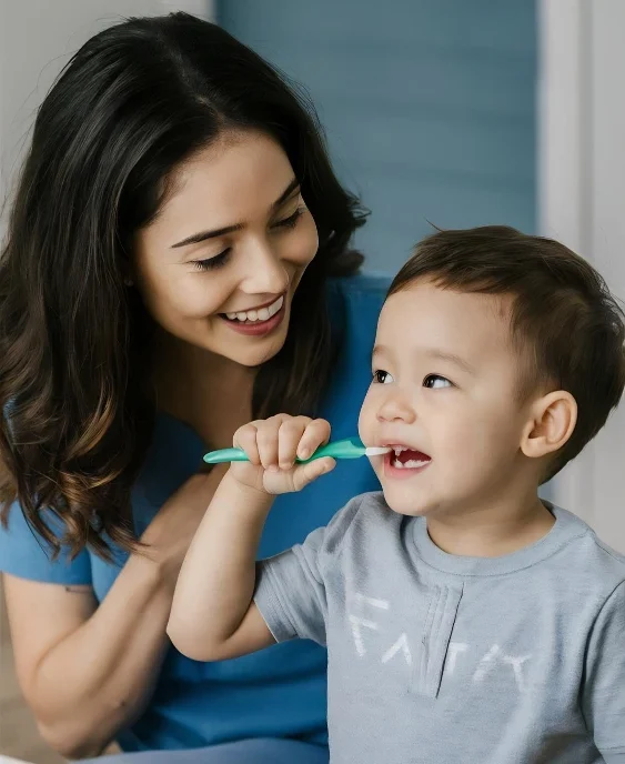 mother teaching child to brush teeth. Brace Dental Clinic